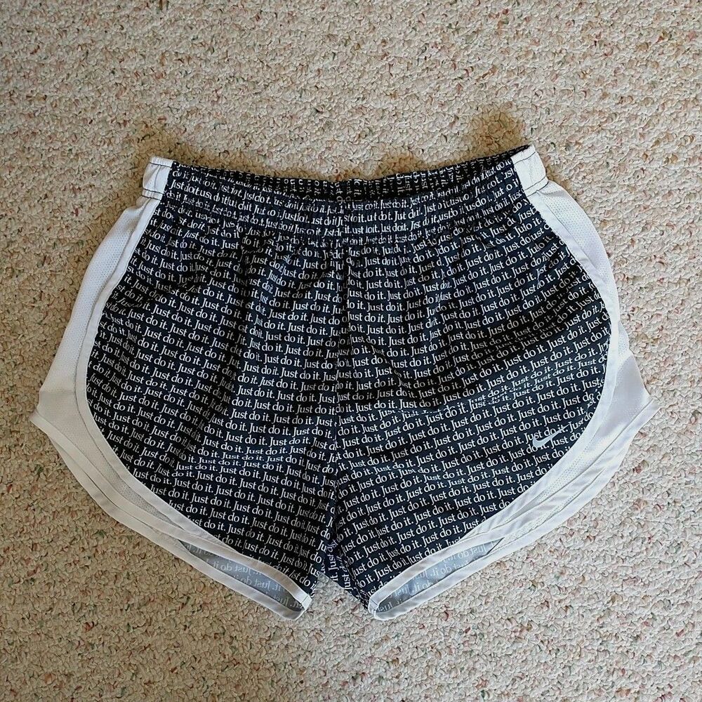Nike Dri Fit JUST DO IT Women Athletic Shorts LARGE Lined Activewear Black White